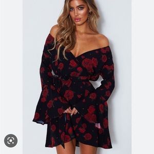 White Fox Rose/Black Mini Wrap Dress